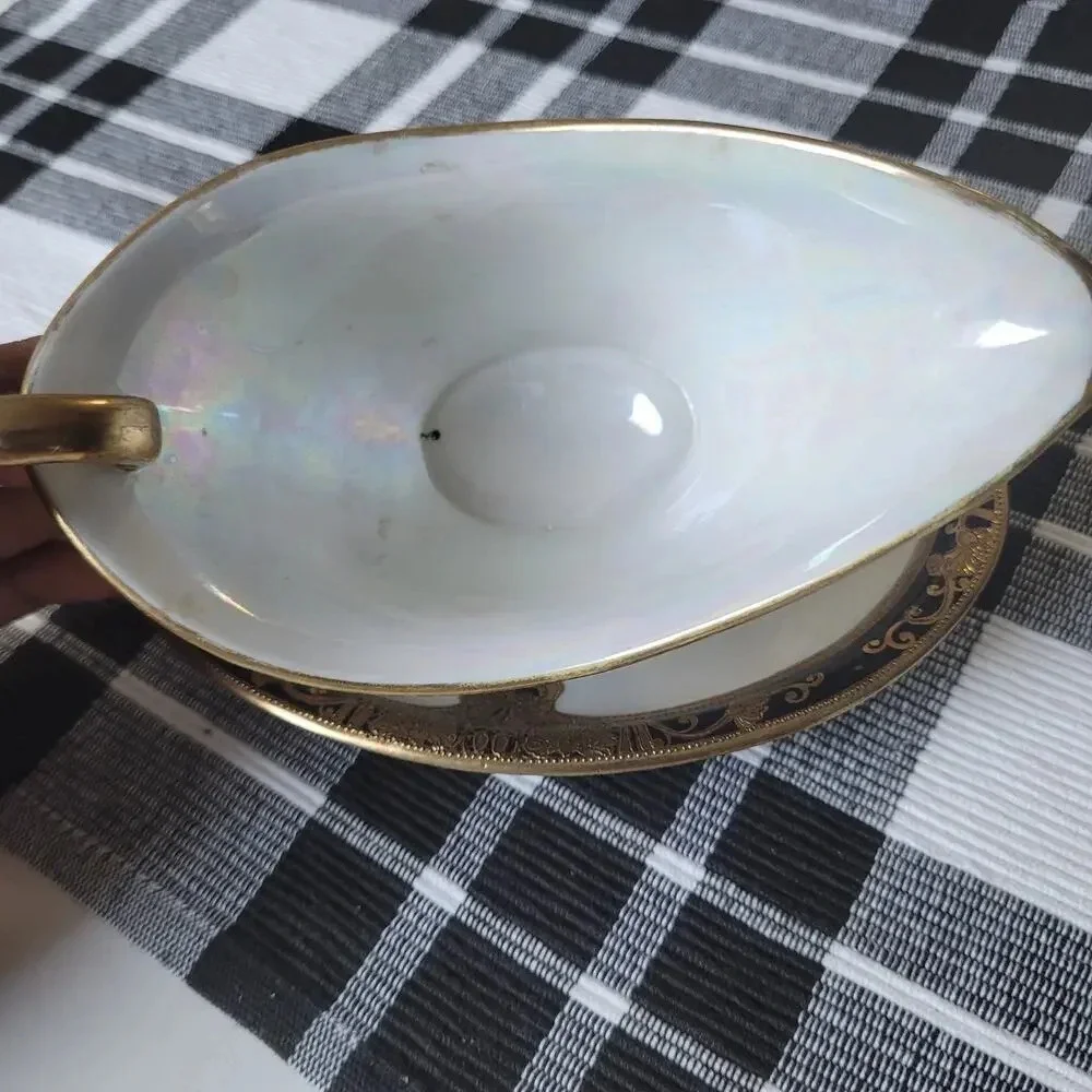Antique Noritake Creamer Cup Saucer Japan Jeweled Gold Black Beaded Crestwood